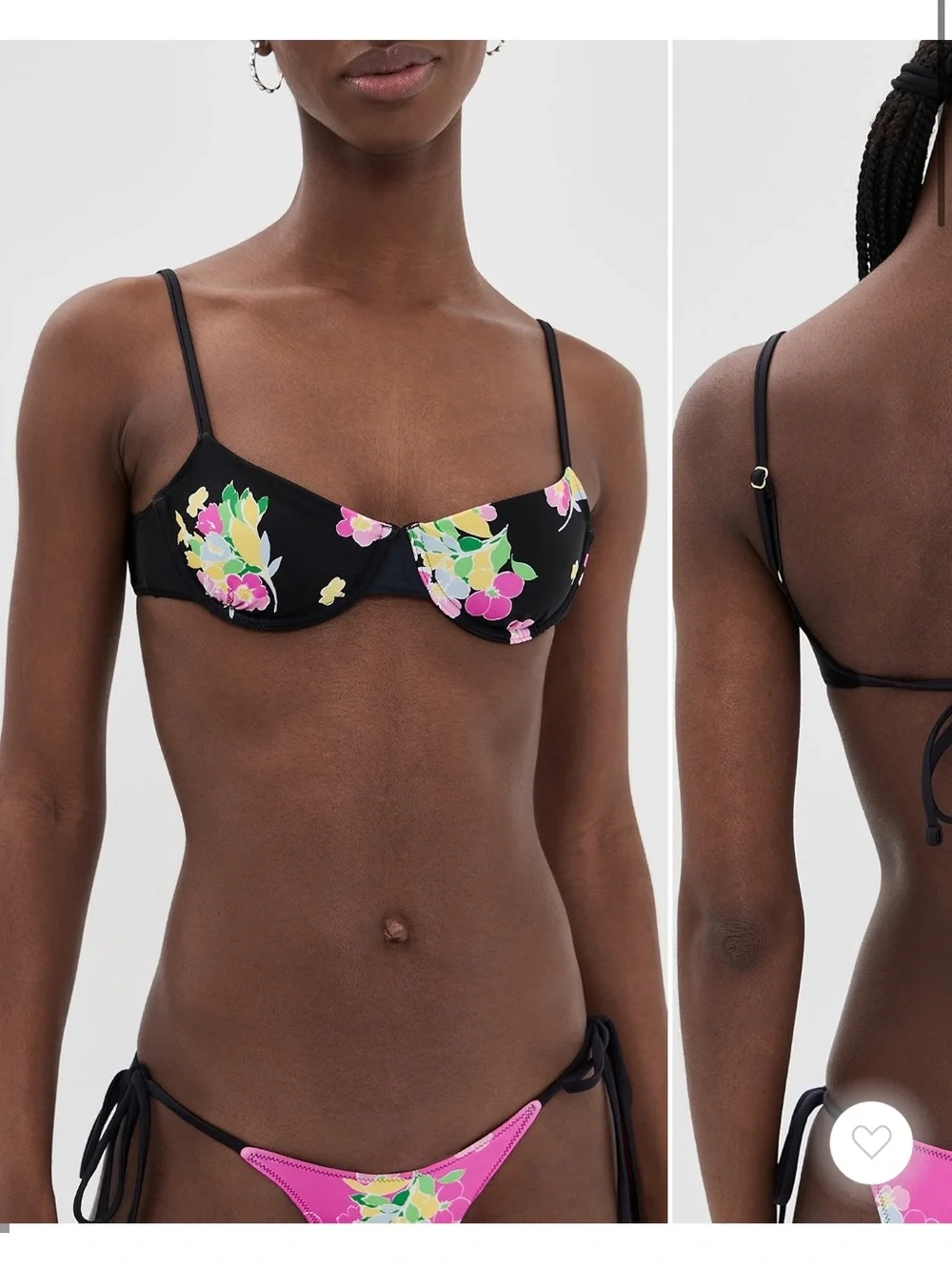 Frankie's Bikinis Black Floral Underwire Bikini Top with Pink & Green Accents